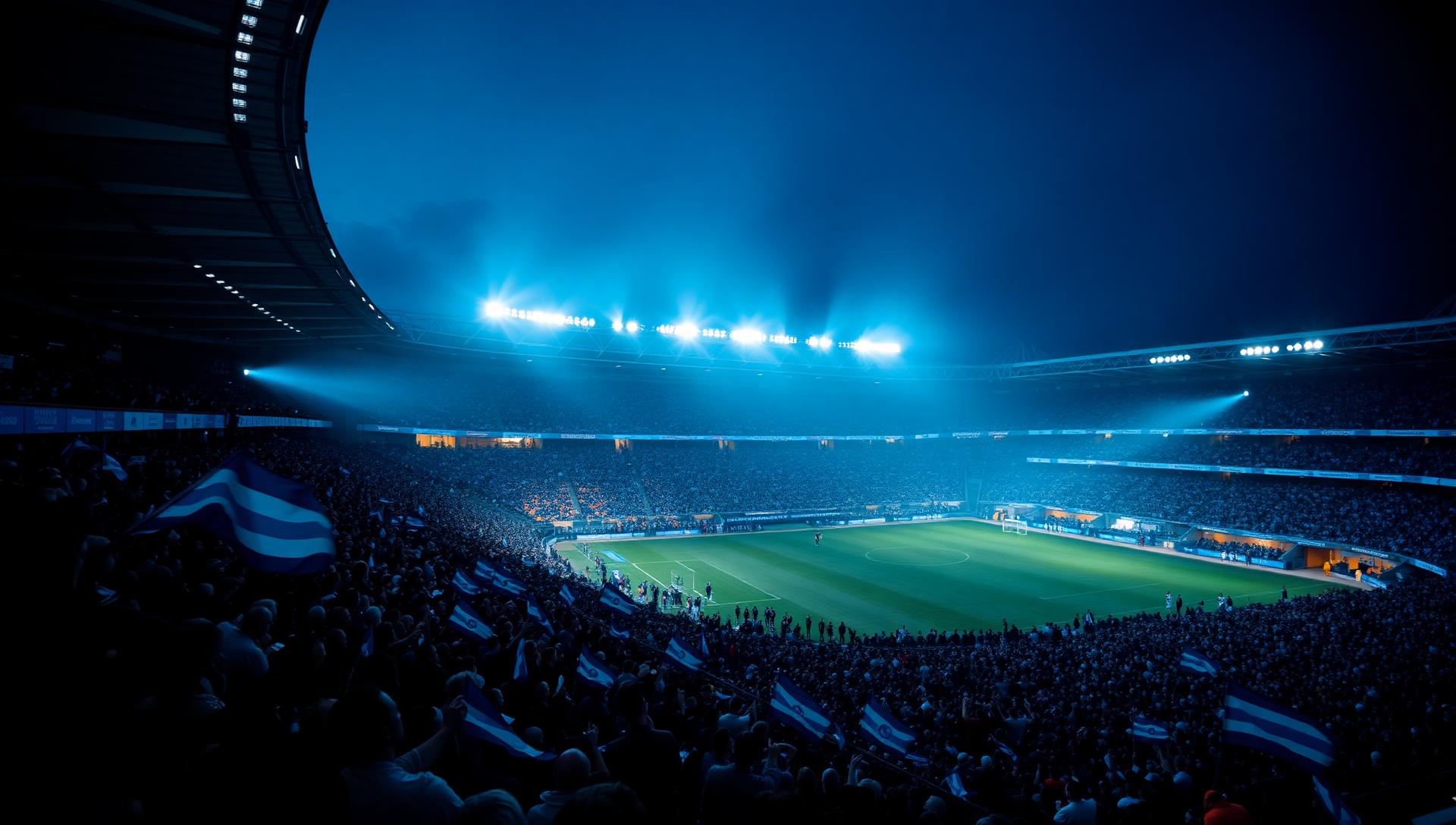 Floodlit football stadium packed with blue and white fans